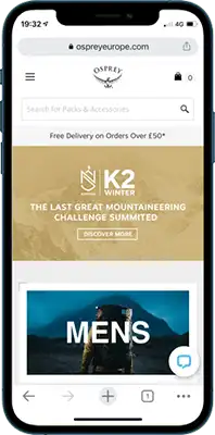 screen shot or Osprey Europe mobile website